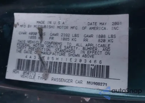 2001 Mitsubishi Eclipse Spyder Gt из США, поврежденный, VIN 4A3AE85H11E203466